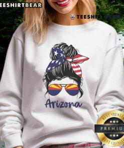 Stylish Arizona flag sweatshirt paired with a messy bun, perfect for hot Arizona days and casual outings.