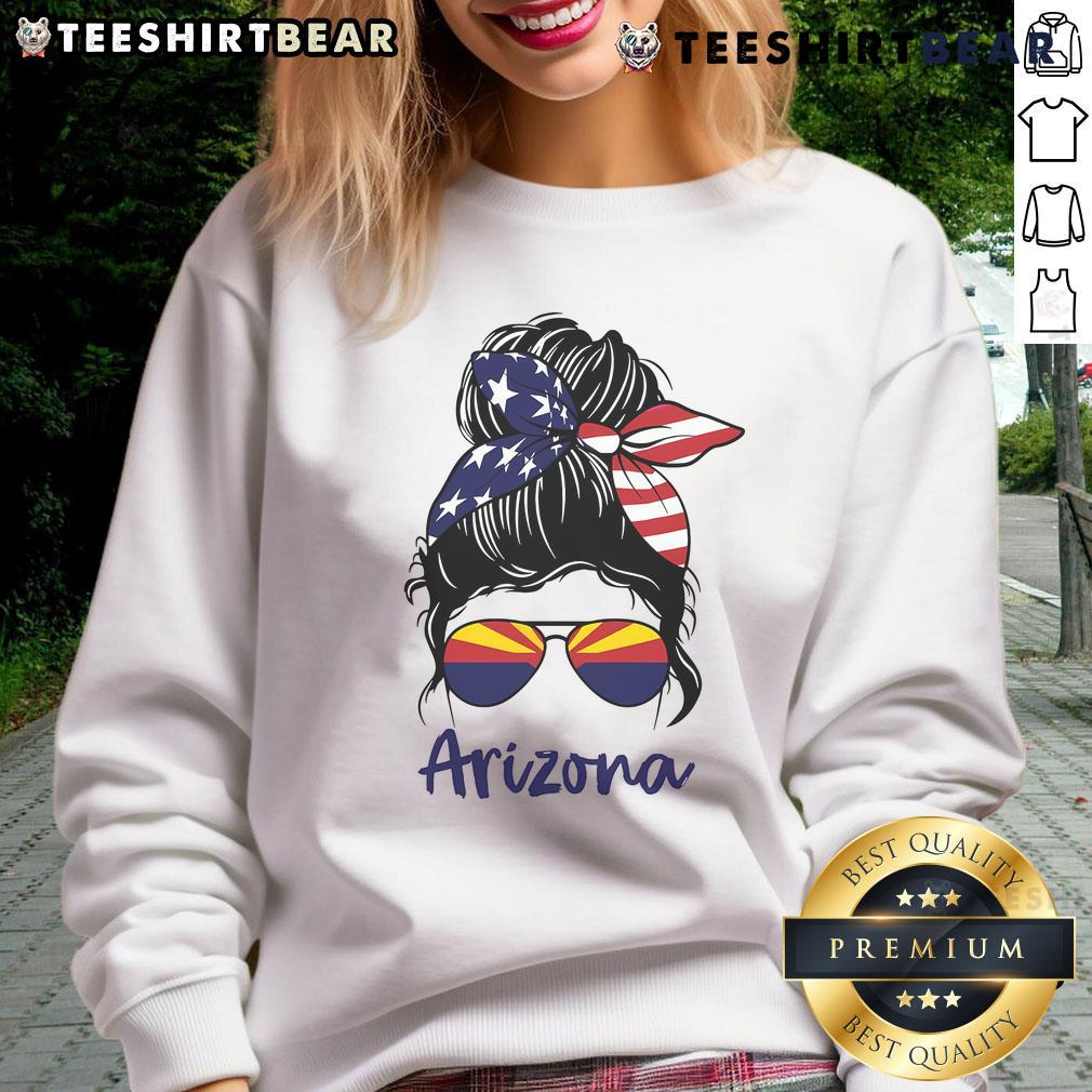 Stylish Arizona flag sweatshirt paired with a messy bun, perfect for hot Arizona days and casual outings.
