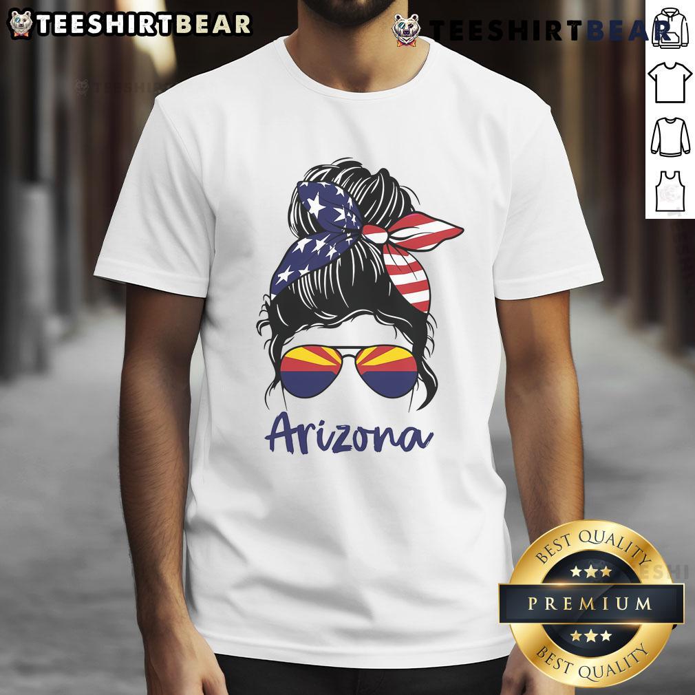 Hot Arizona messy bun t-shirt featuring the Arizona flag, perfect for showcasing state pride in a stylish way.