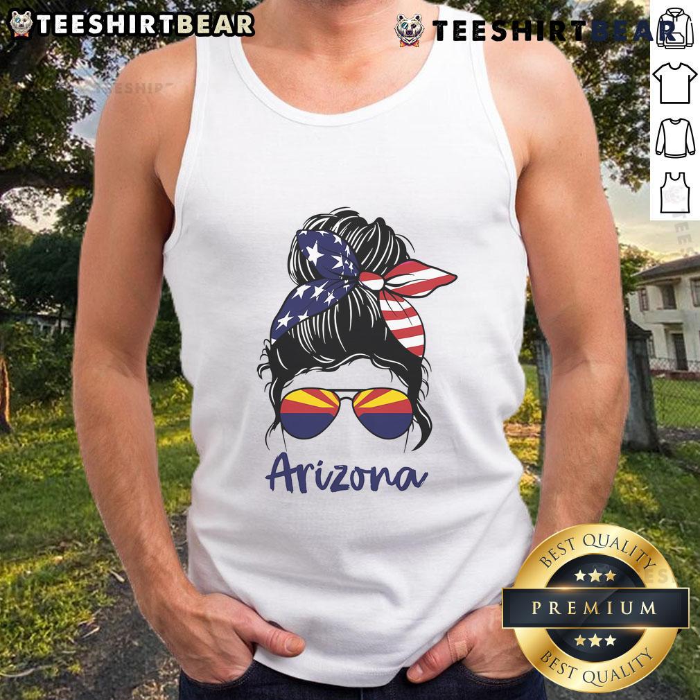 Stylish woman in a messy bun wearing a Hot Arizona state tank top featuring the Arizona flag design.