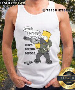 Alt Text: Bart Simpson in a playful tank top with the text Hot Hey CEO Eat Lead Deny Defend Depose, showcasing a fun cartoon style.