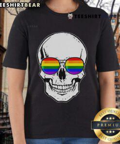 Hot LGBT skull with rainbow sunglasses on a stylish ladies tee, celebrating pride and individuality in vibrant fashion.
