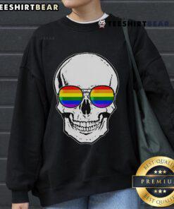 Hot LGBT skull with rainbow sunglasses on a sweatshirt, vibrant design celebrating LGBTQ+ pride and style.
