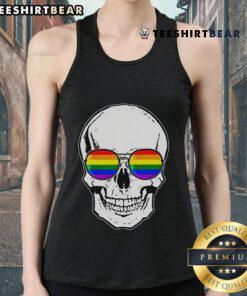 Hot LGBT skull with rainbow sunglasses on a tank top, showcasing vibrant colors and bold pride fashion.