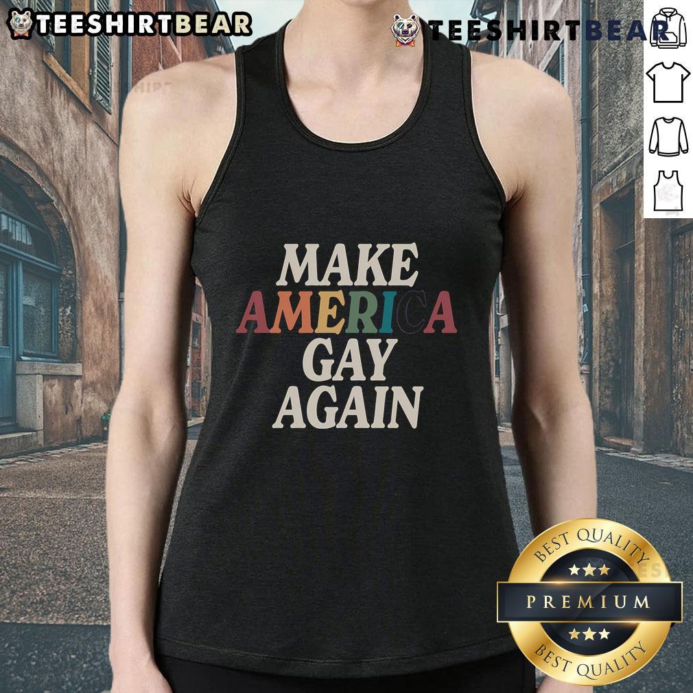 Hot Make America Gay Again Tank Top featuring bold rainbow text on a stylish black fabric, perfect for pride events.