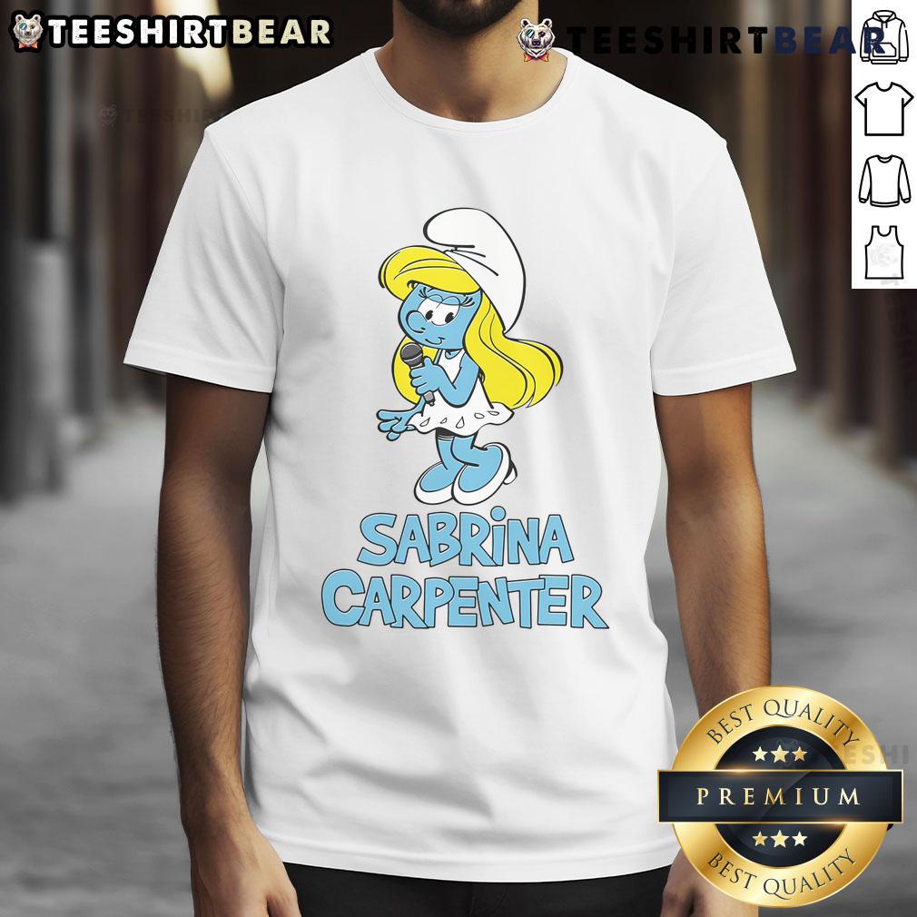 Hot Sabrina Carpenter wearing a stylish Smurfs t-shirt, showcasing vibrant colors and trendy design for fans.