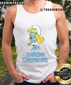 Hot Sabrina Carpenter in a stylish tank top promoting The Smurfs, showcasing her vibrant personality and trendy fashion.