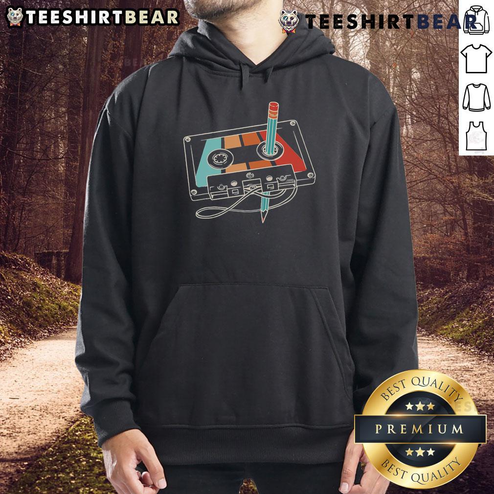 Alt Text: Retro hoodie featuring a colorful 80s and 90s cassette design, perfect for vintage music lovers.