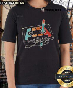 Retro ladies tee featuring a colorful 80s-90s cassette and pencil design, perfect for nostalgic fashion lovers.