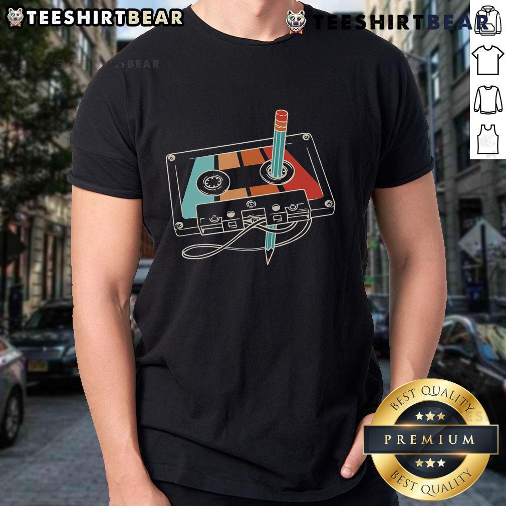 Alt Text: Retro T-shirt featuring a vibrant 80s 90s cassette pencil design, perfect for nostalgic music lovers and vintage fashion fans.