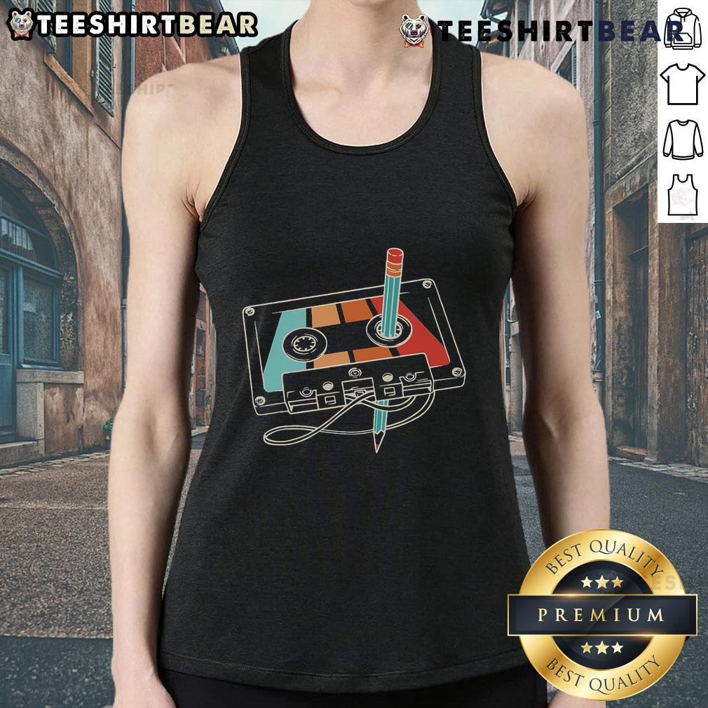 Retro tank top featuring a nostalgic 80s-90s cassette and pencil design, perfect for vintage music lovers.