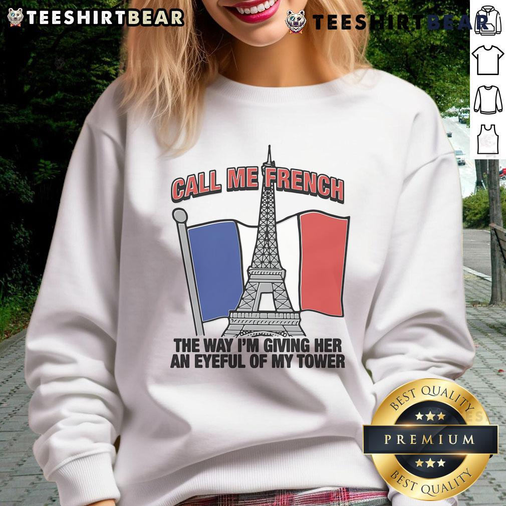 Model wearing 'Nice Call Me French' sweatshirt, showcasing stylish design and vibrant colors in urban setting.