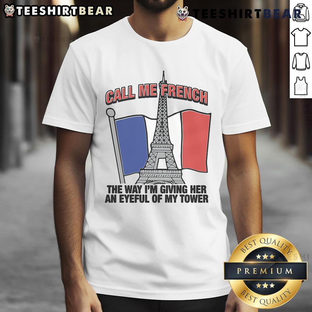 Man wearing 'Nice Call Me French' Tower T-Shirt, playfully posing and showcasing the design with confidence.