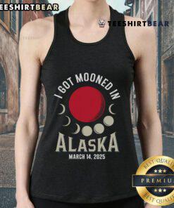 Person wearing 'Nice I Got Mooned in Alaska March 2025' tank top during the Blood Moon lunar eclipse in Alaska.