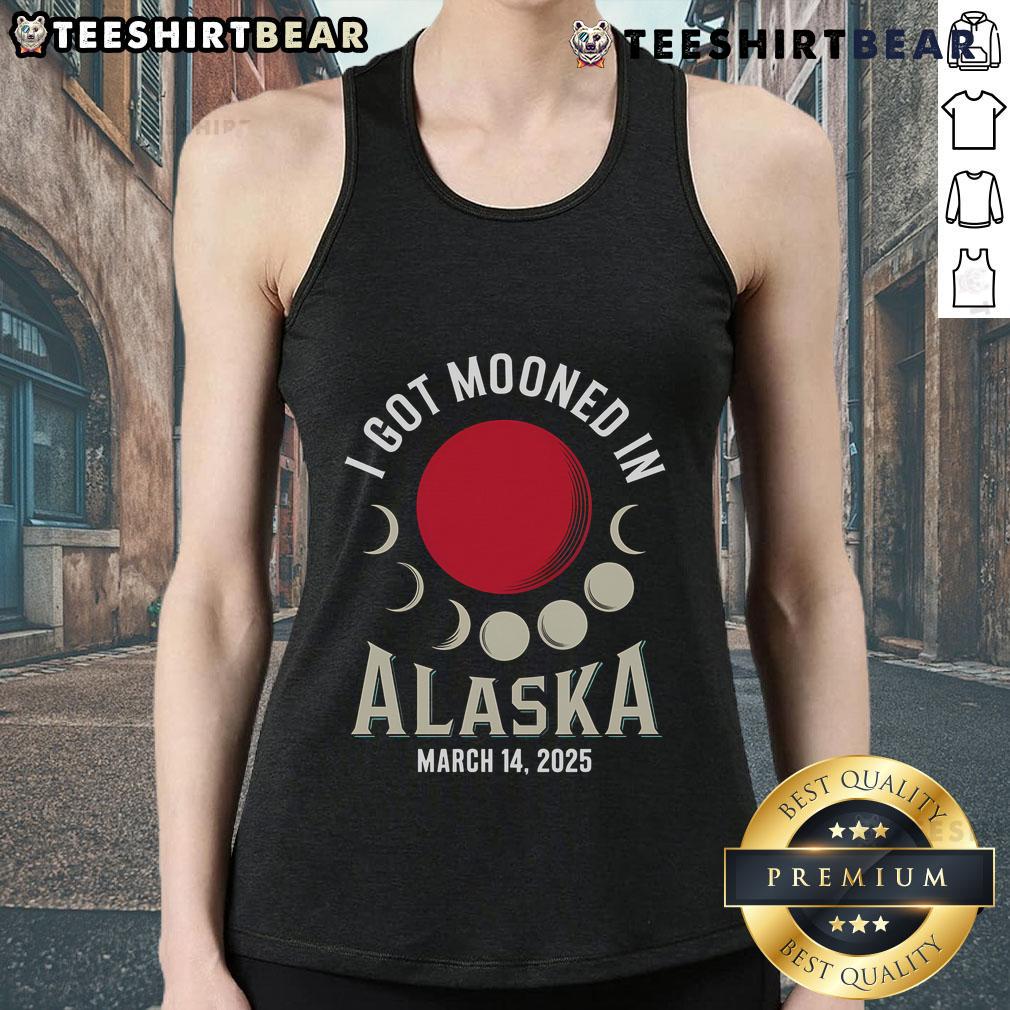 Person wearing 'Nice I Got Mooned in Alaska March 2025' tank top during the Blood Moon lunar eclipse in Alaska.