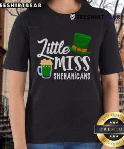 Nice Little Miss Shenanigans St. Patrick's Day hat and beer design on a ladies tee, perfect for festive celebrations.