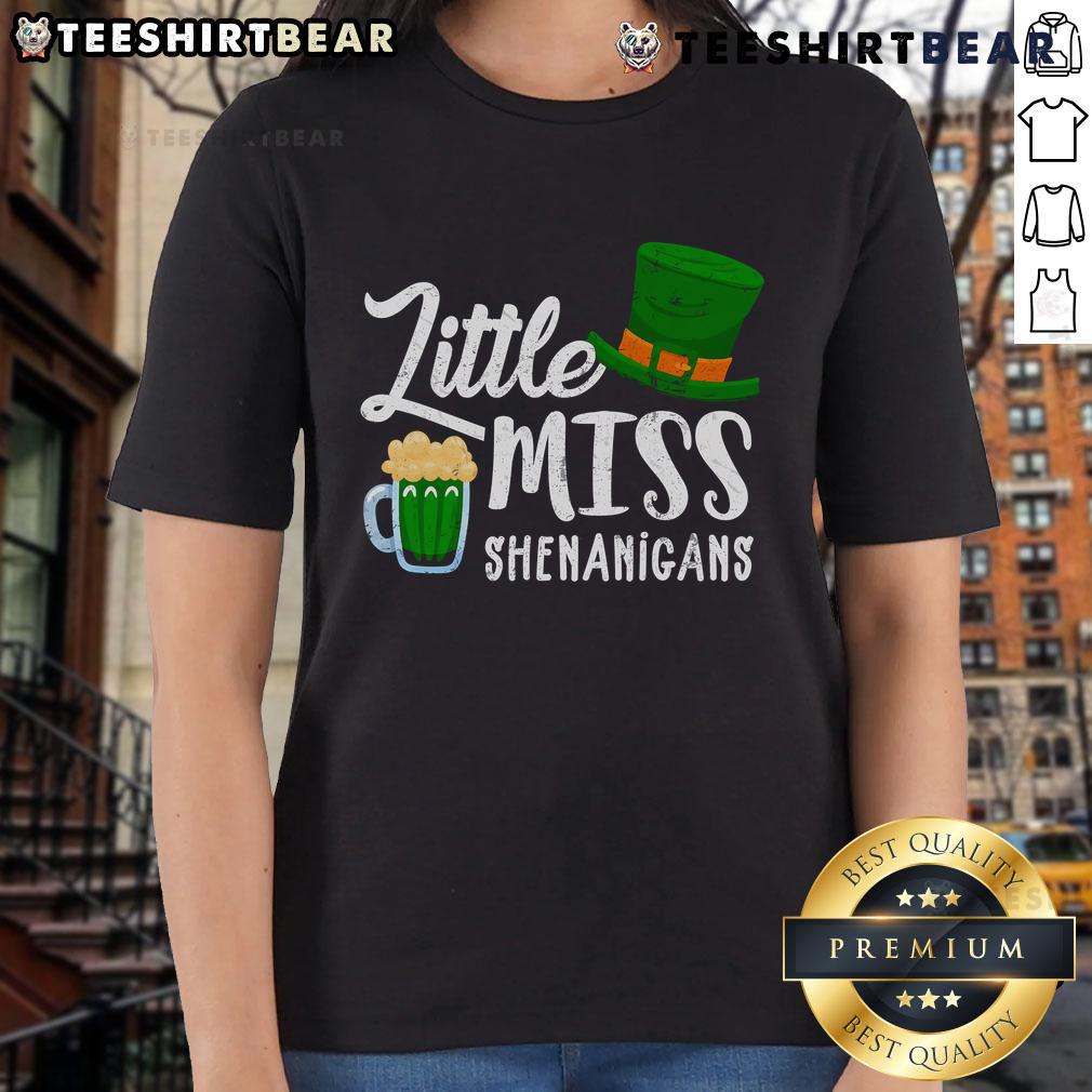 Nice Little Miss Shenanigans St. Patrick's Day hat and beer design on a ladies tee, perfect for festive celebrations.