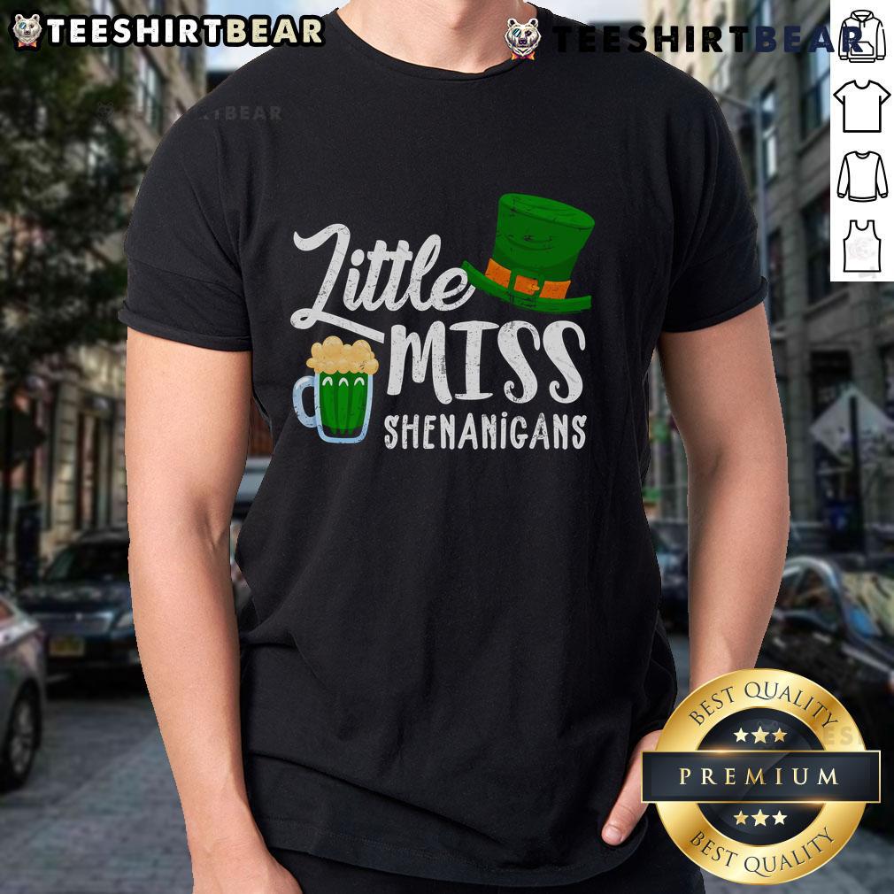 Nice Little Miss Shenanigans St. Patrick's Day hat beer t-shirt featuring festive green design and playful graphics.