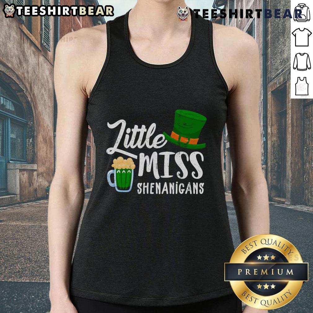 St. Patrick's Day tank top featuring 'Nice Little Miss Shenanigans' design, perfect for festive beer celebrations.