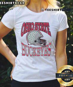 Alt Text: Ohio State Buckeyes classic team helmet ladies tee featuring vibrant colors and stylish design for fans.