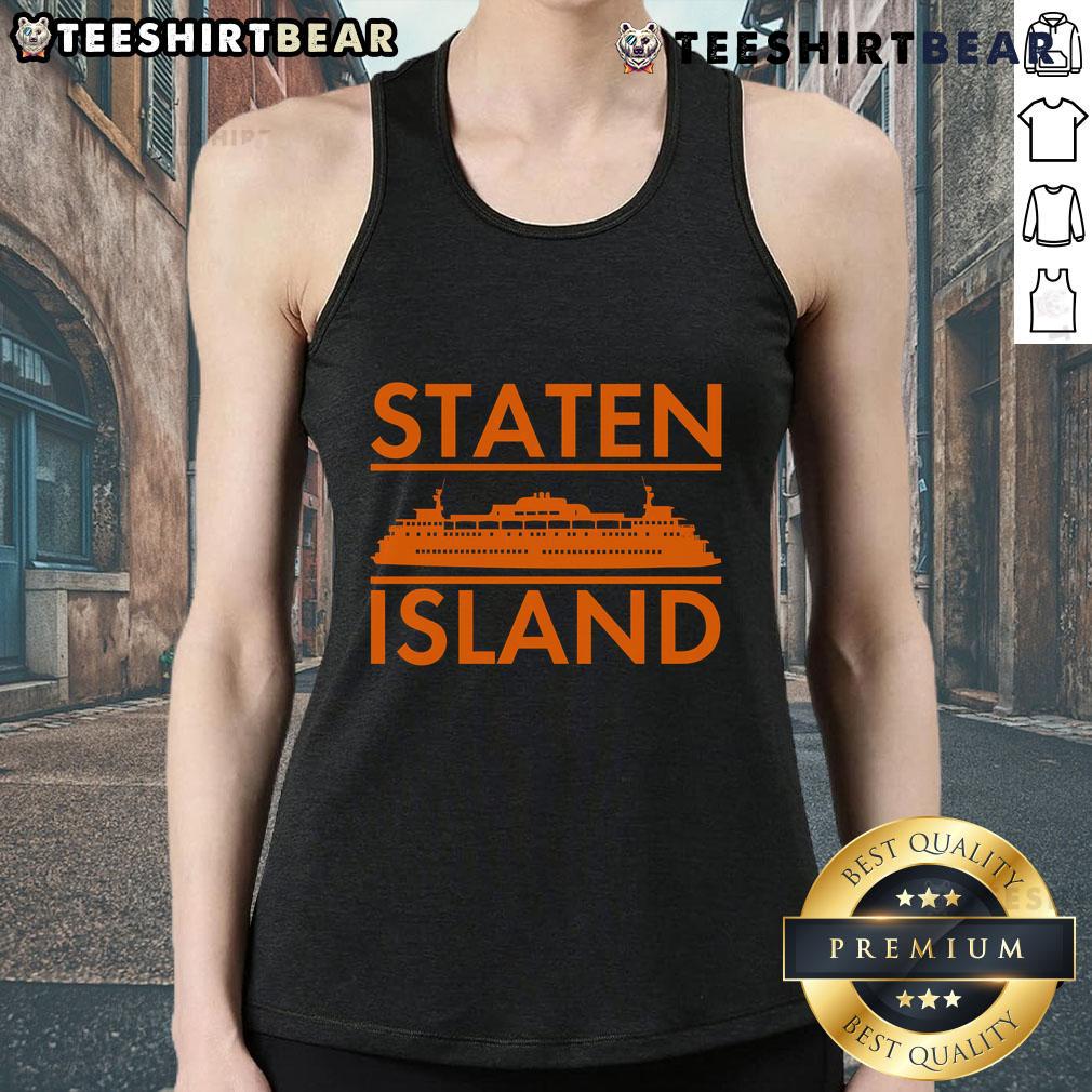 Person wearing a Nice Staten Island Ferry New York tank top with the ferry in the background, showcasing NYC's iconic scenery.