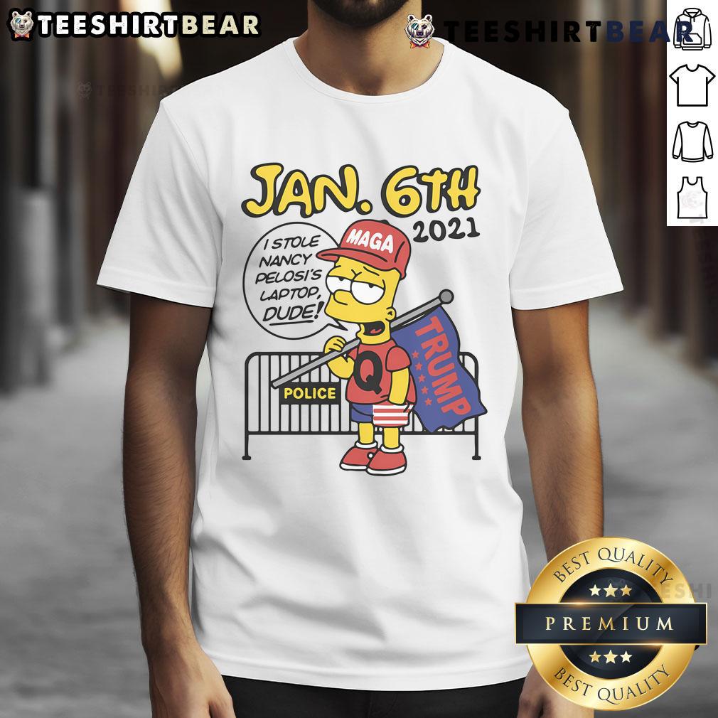 Bootleg Bart Simpson t-shirt featuring 'I Stole Nancy Pelosi's Laptop' design, referencing January 6th, 2021 events.