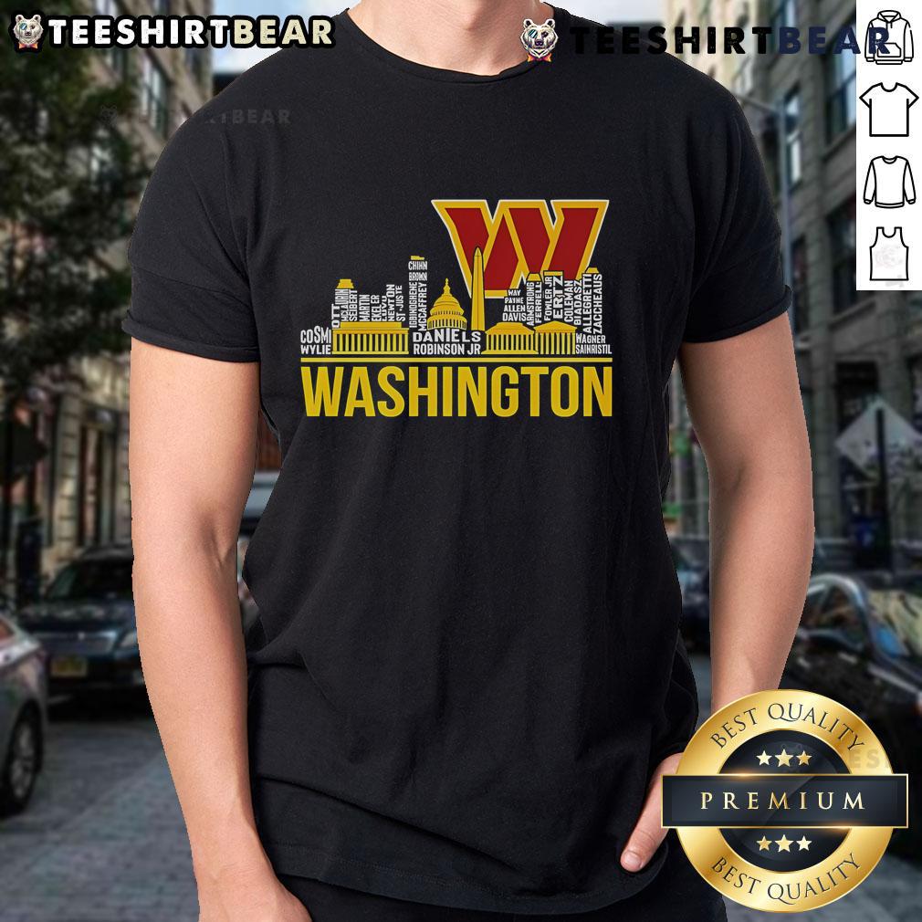 Washington Commanders Football Team Players Roster Skyline T-Shirt featuring team logo and vibrant skyline design.