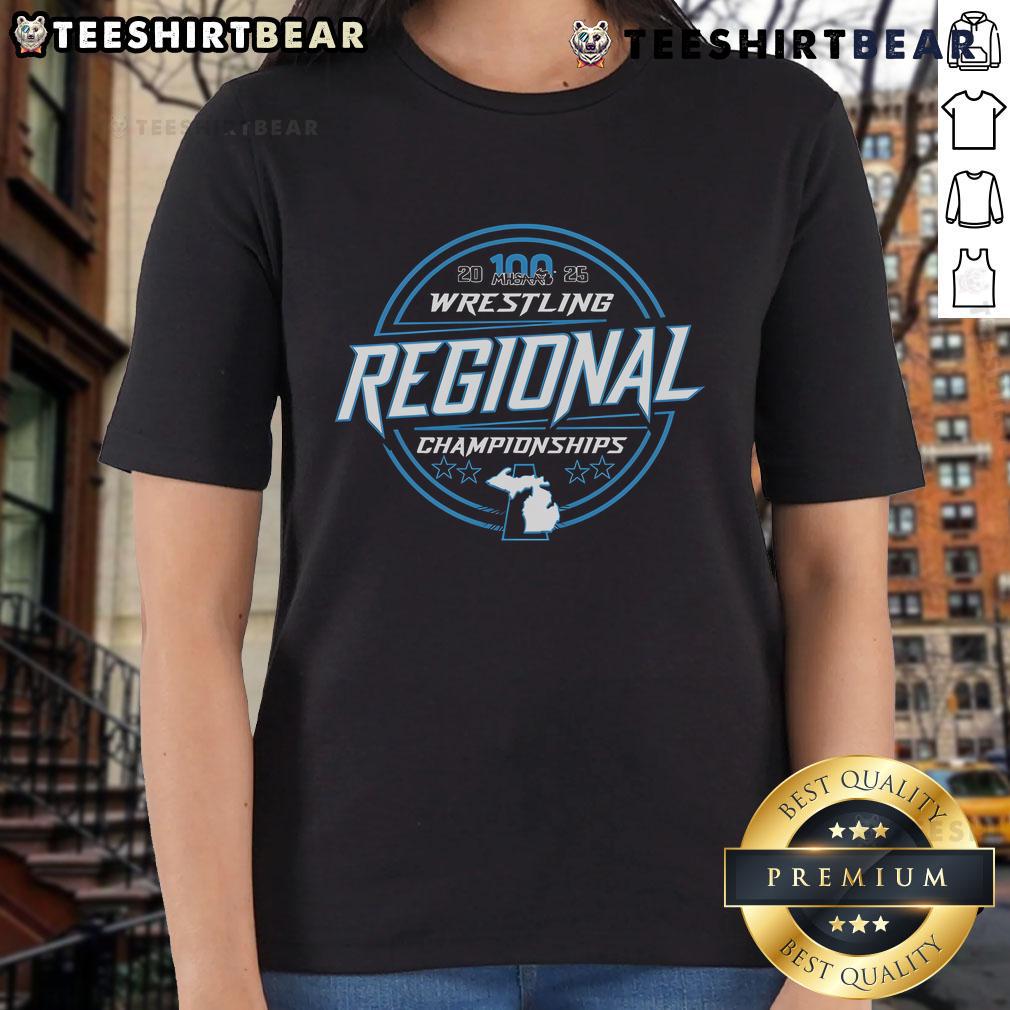 Official 2025 MHSAA Wrestling Regionals Championships ladies tee featuring logo and vibrant design for fans and athletes.