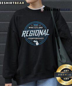 2025 MHSAA Wrestling Regionals Championships sweatshirt featuring team logo and event details in bold colors.
