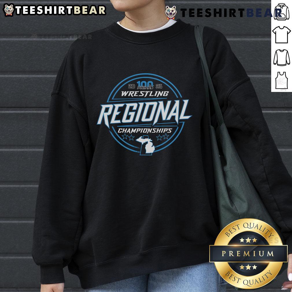 2025 MHSAA Wrestling Regionals Championships sweatshirt featuring team logo and event details in bold colors.