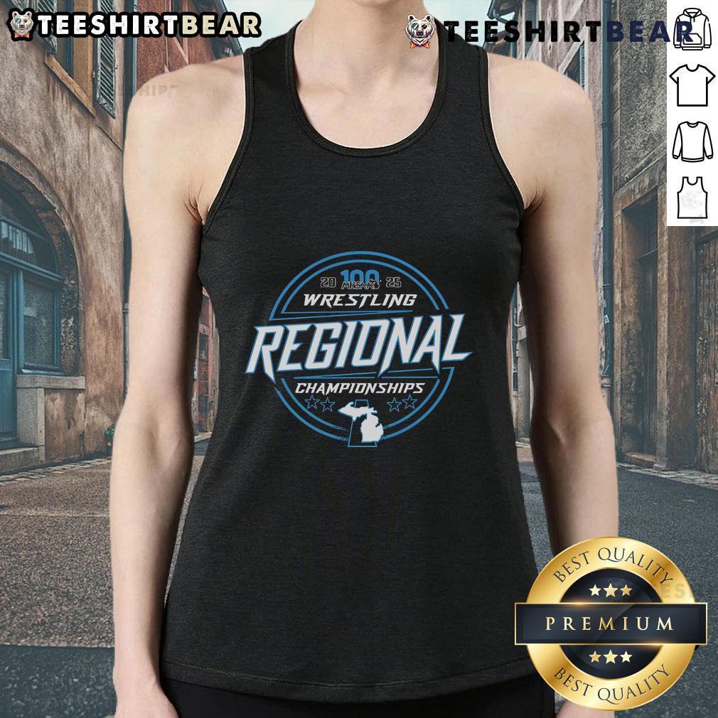 Official 2025 MHSAA Wrestling Regionals Championships tank top featuring bold graphics and a comfortable fit for fans.