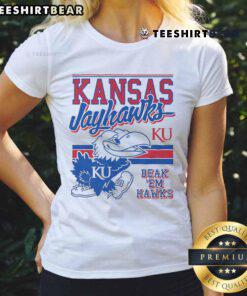 Official Big Jay Kansas Jayhawks retro logo mascot ladies tee featuring vibrant colors and classic design for fans.
