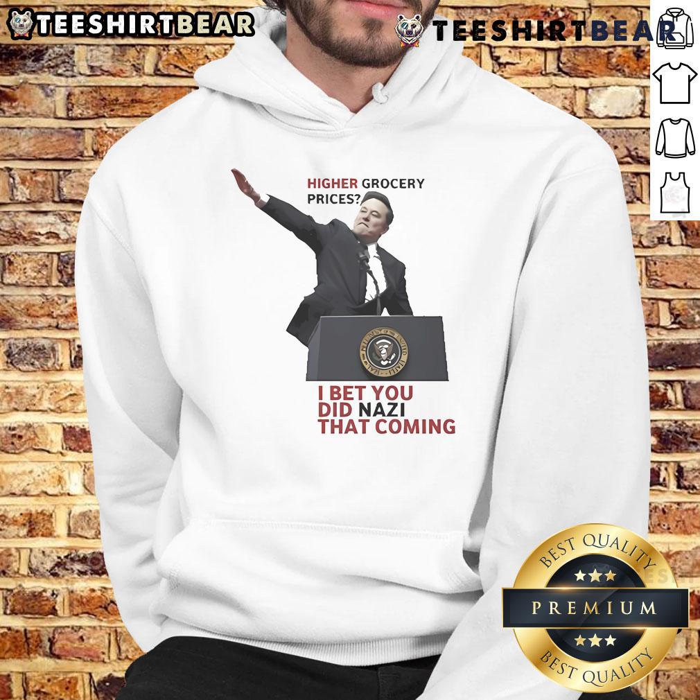 Official Elon Musk hoodie featuring a playful pun on higher grocery prices and a clever design element.