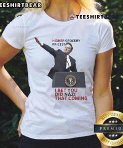 Official Elon Musk tee featuring the phrase about higher grocery prices and a witty twist on 'didn't see that coming.'