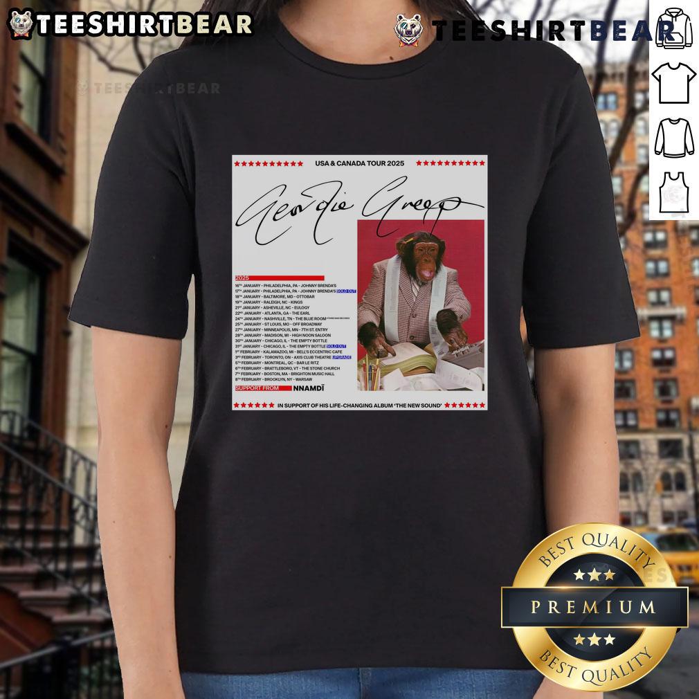 Alt Text: Official Geordie Greep USA Canada Tour 2025 Ladies Tee featuring vibrant design and tour details for fans.