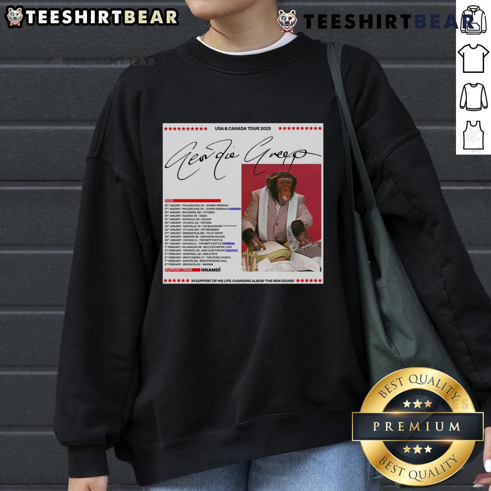 Official Geordie Greep USA Canada Tour 2025 Sweatshirt featuring vibrant design and tour details for fans.