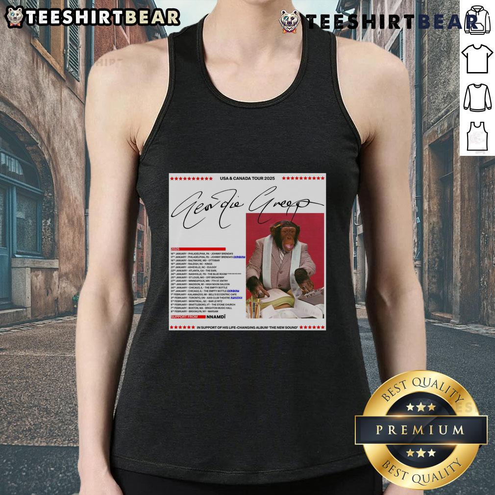 Official Geordie Greep USA Canada Tour 2025 tank top featuring tour graphics and vibrant colors for fans.