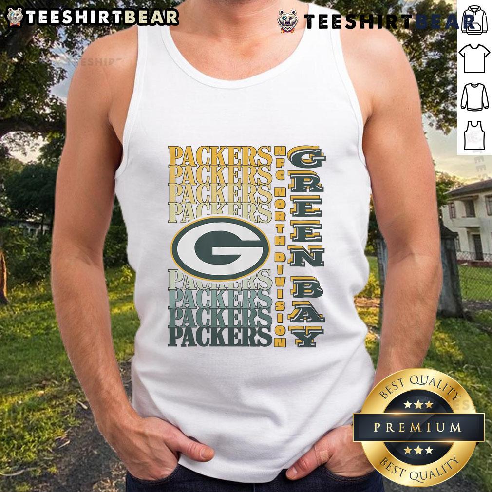Official Green Bay Packers gradient wordmark tank top showcasing team colors and logo for fans and sports apparel lovers.