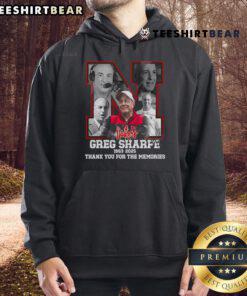 Official Greg Sharpe 1963-2025 hoodie featuring 'Thank You For The Memories' design, perfect for fans and collectors.