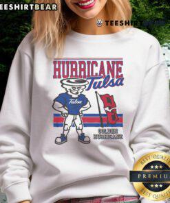 Alt Text: Retro Gus T. Tulsa Golden Hurricane mascot sweatshirt featuring vibrant logo design for fans and alumni.