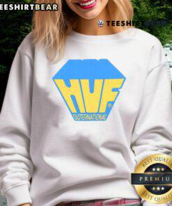 Official HUF Outernational Sweatshirt in black with logo, perfect for streetwear enthusiasts and casual style.