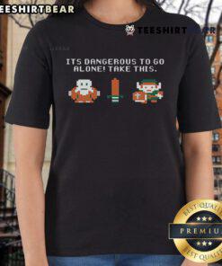 Retro ladies tee featuring 'It's Dangerous to Go Alone, Take This' from The Legend of Zelda in 8-bit style.