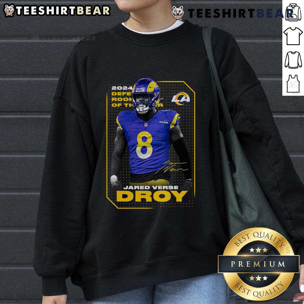 Official Jared Verse Black Los Angeles Rams 2024 NFL Defensive Rookie of the Year Sweatshirt displayed on a mannequin.