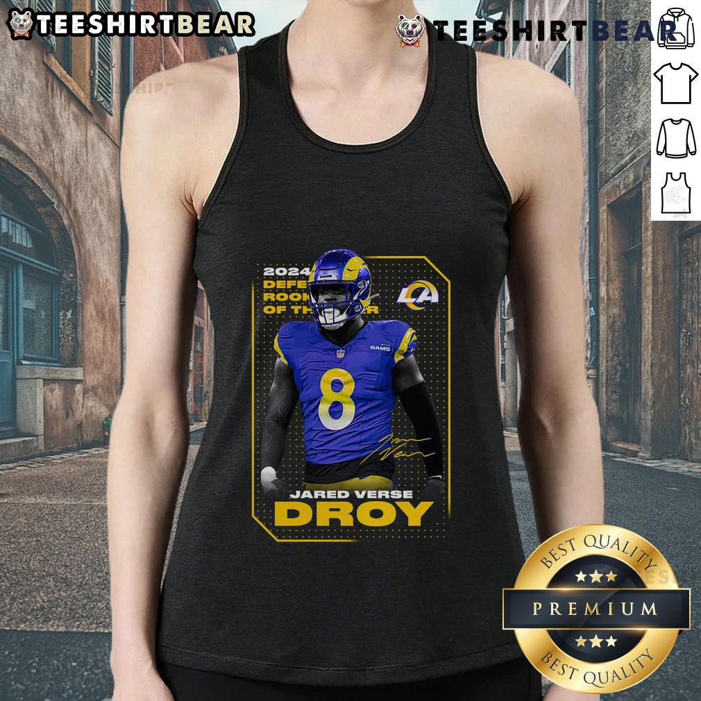 Alt Text: Official Jared Verse Black Los Angeles Rams 2024 NFL Defensive Rookie of the Year tank top for fans and collectors.