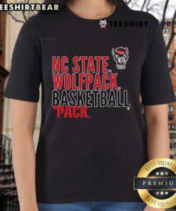 Official NC State Wolfpack basketball ladies tee featuring Pack text logo overlay for sports fans and team supporters.