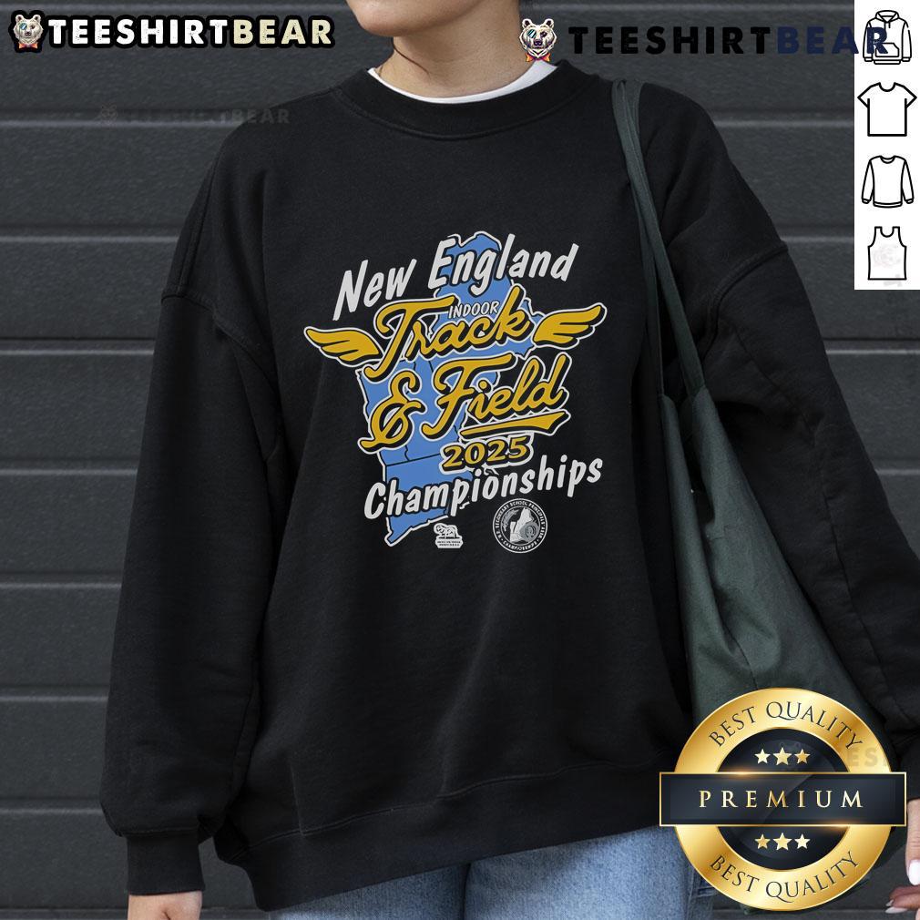 Official New England Indoor Track and Field 2025 Championships sweatshirt featuring event logo and vibrant design.