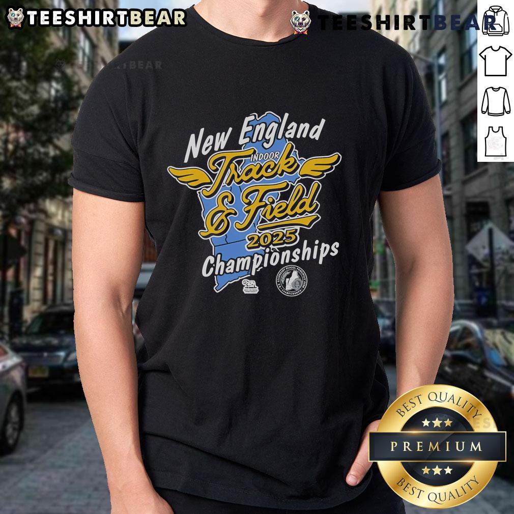 Official New England Indoor Track And Field 2025 Championships T-Shirt design featuring vibrant colors and event logo.