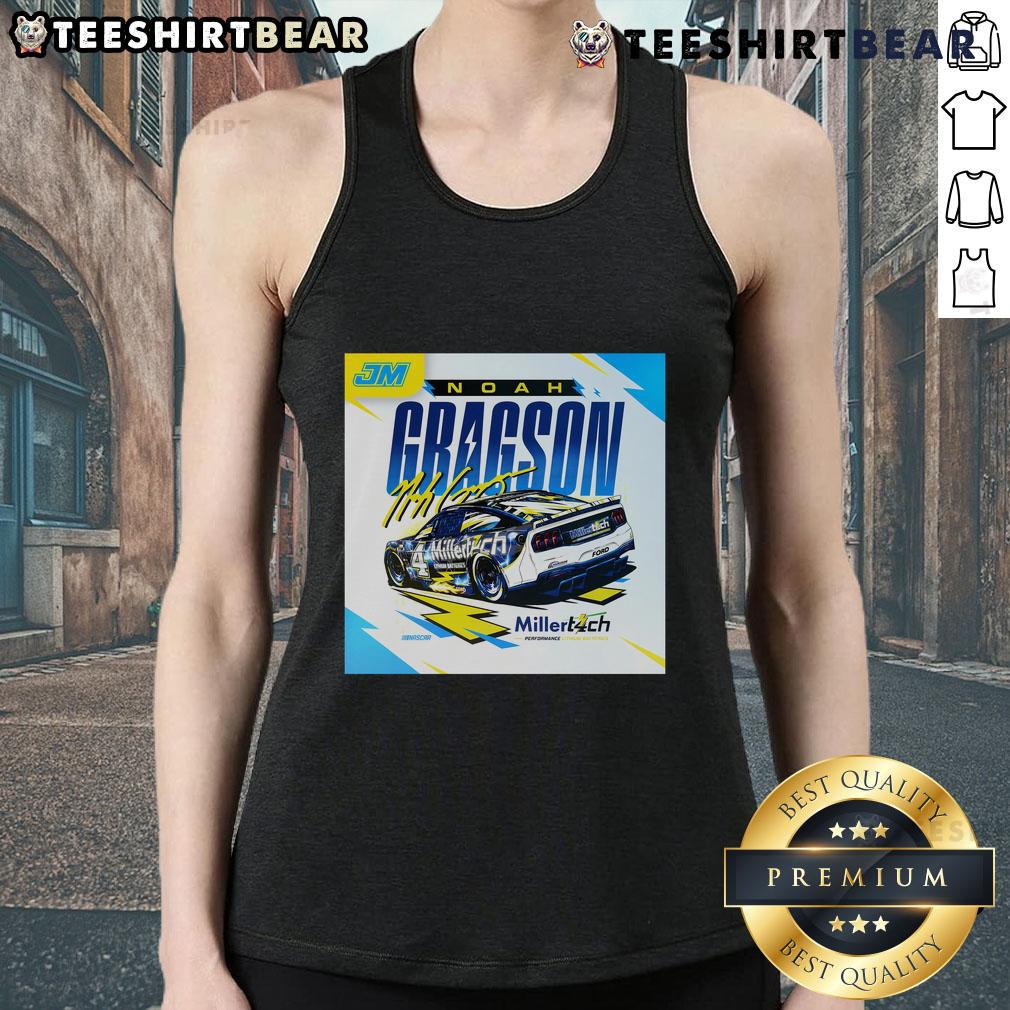 Official Noah Gragson 4 Millertech tank top featuring vibrant colors and logo, perfect for racing fans.