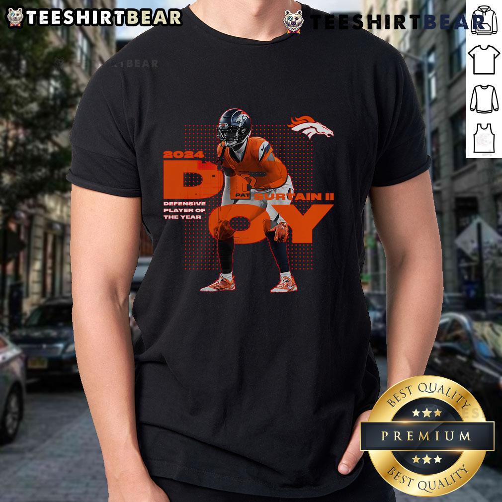 Official Patrick Surtain II Black Denver Broncos 2024 NFL Defensive Player of the Year T-Shirt showcasing team pride.
