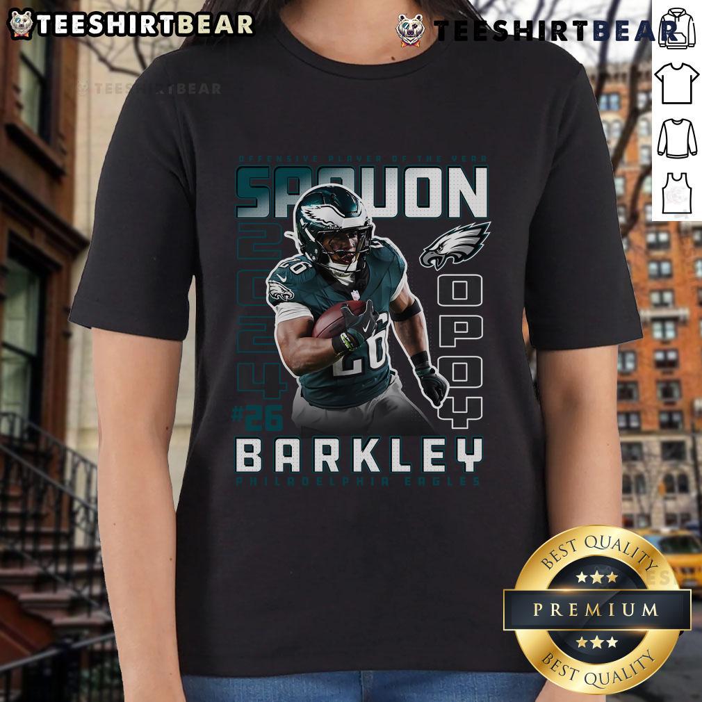 Official Saquon Barkley Black Philadelphia Eagles 2024 Offensive Player of the Year Ladies Tee featuring team logo.